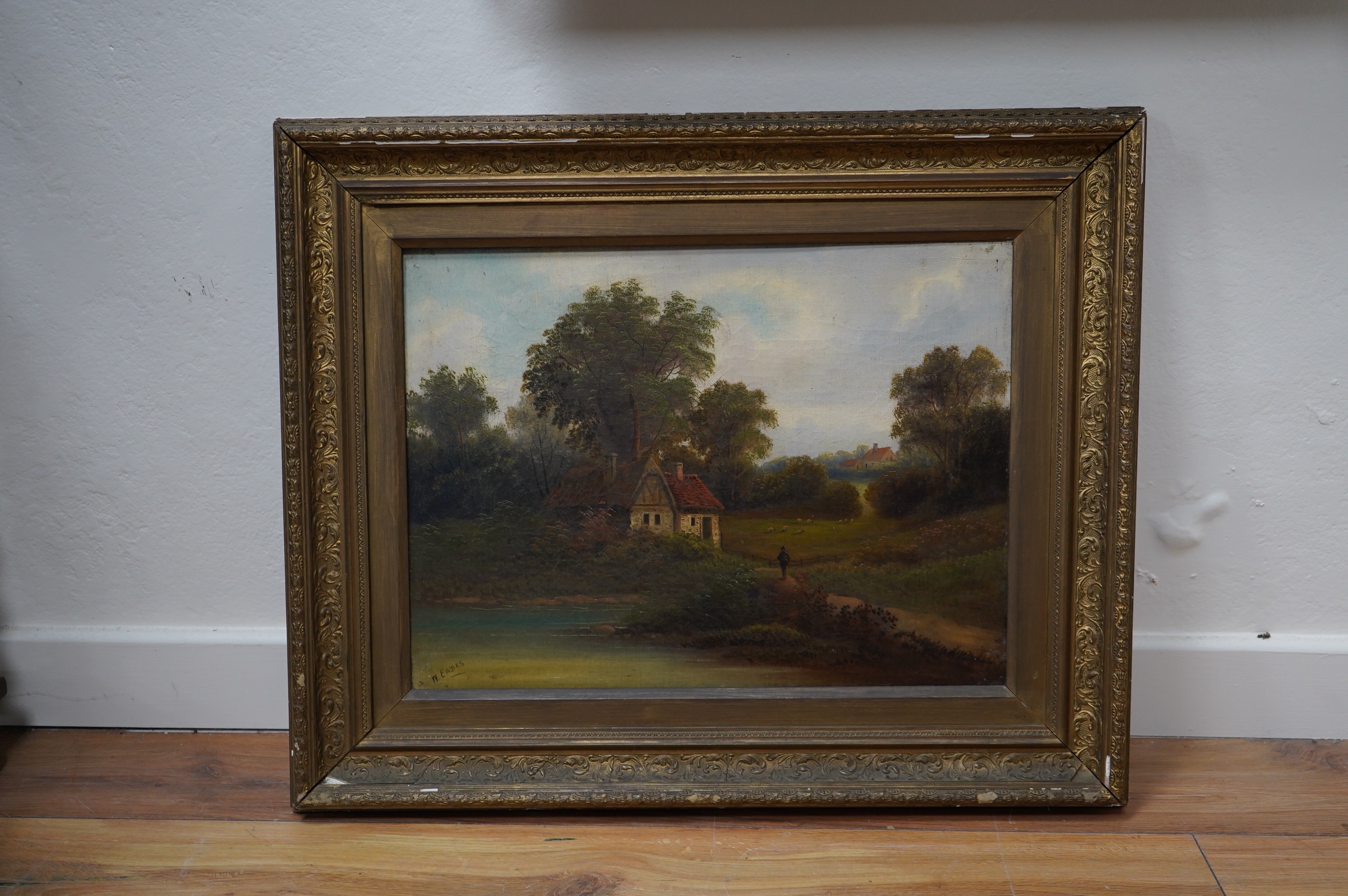W. Eades, (Late 19th century), oil on canvas, Pastoral landscape with figure before a cottage, signed, 36 x 49cm, ornate gilt frame. Condition - fair